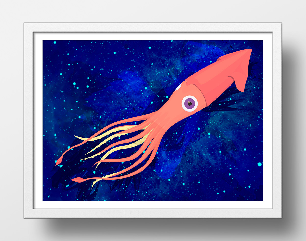 calamar Squid animales animals digital illustration ilustración digital Ocean under water kraken oceano cosmic cosmico