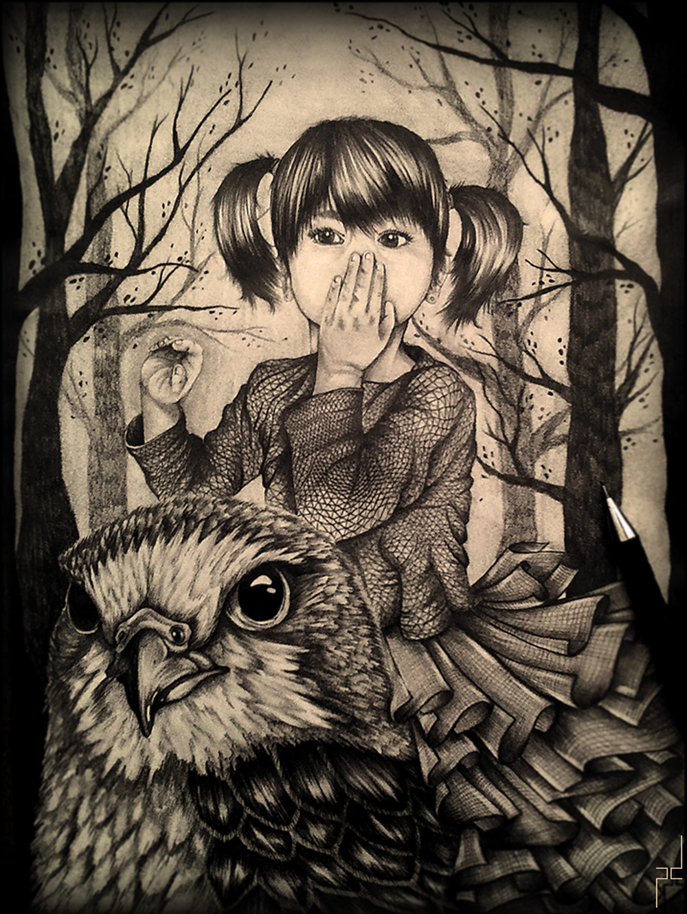 fairy tale children story forest girl pencil fantasy Magical eagle Flying Dreaming Magic   realistic kids dreamland