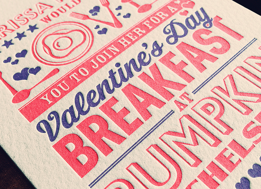 letterpress blush type typographic valentines breakfast Invitation bumpkin restaurant valentine Chelsea british