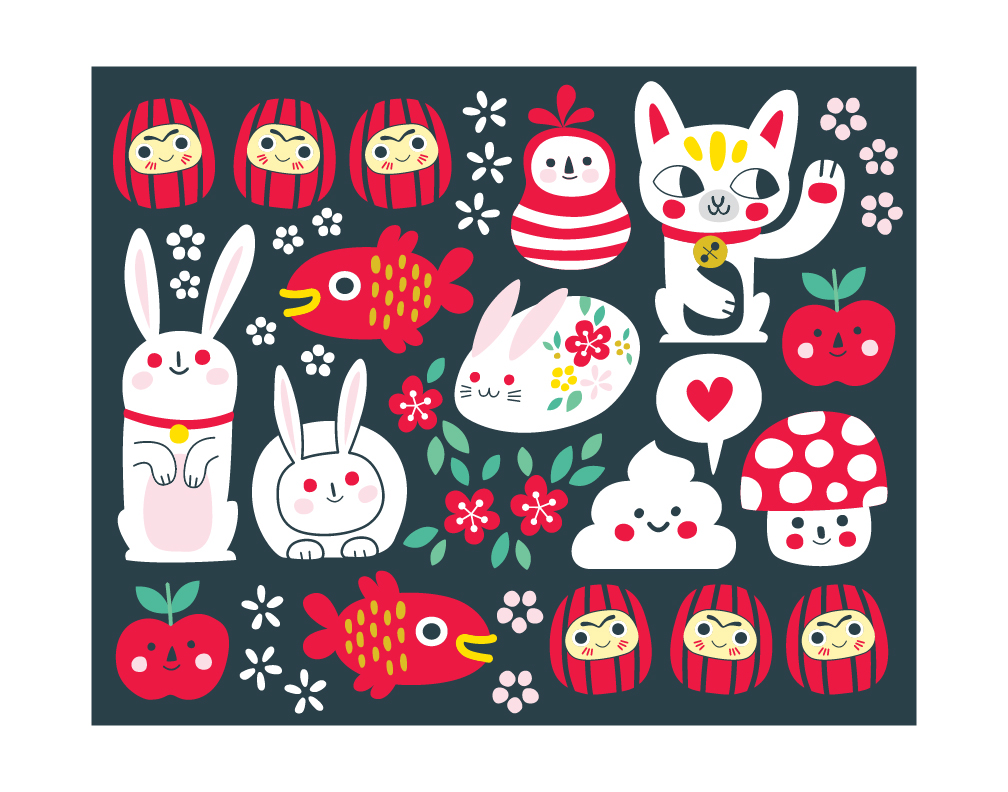 tokyo japan kawaii daruma koi manekineko lucky cat KOI FISH bunny Cherry Blossom red surface design mushroom apple