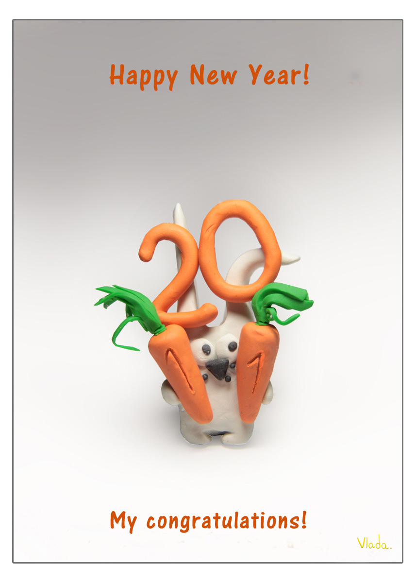postcard new year rabbit Plasticine illustrations Positive bright modeling photo 2011