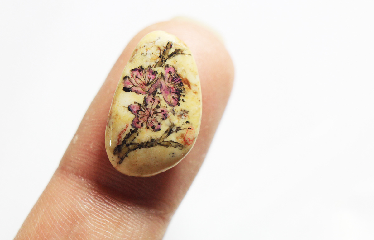 chinese brush painting sumi-e stone pebble beach flower miniature micro painting small watercolor