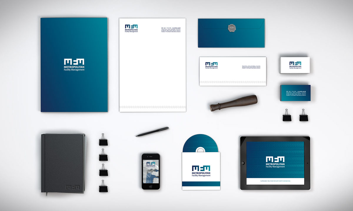 metropolitan facility management lebanon notaclinic logo type MFM brochure Layout design gradient Stationery identity