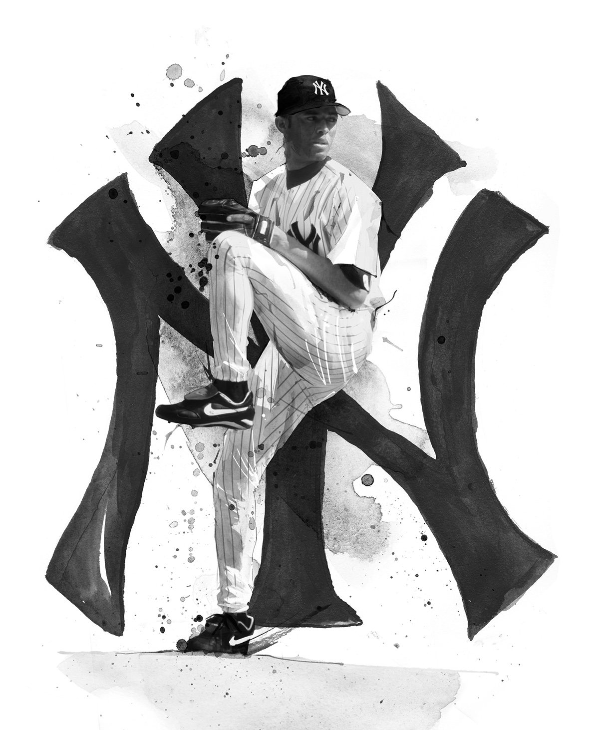 baseball blackandwhite rareink illustrations ink watercolour pen Rivera Jeter New York Yankees newcreative newcreatives CreateNow wacom Intuos