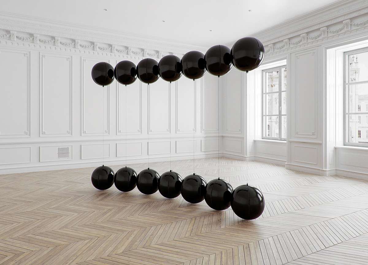 Image may coContemporary art installation "Black Balloons" by Tadao Cern ntain: indoor