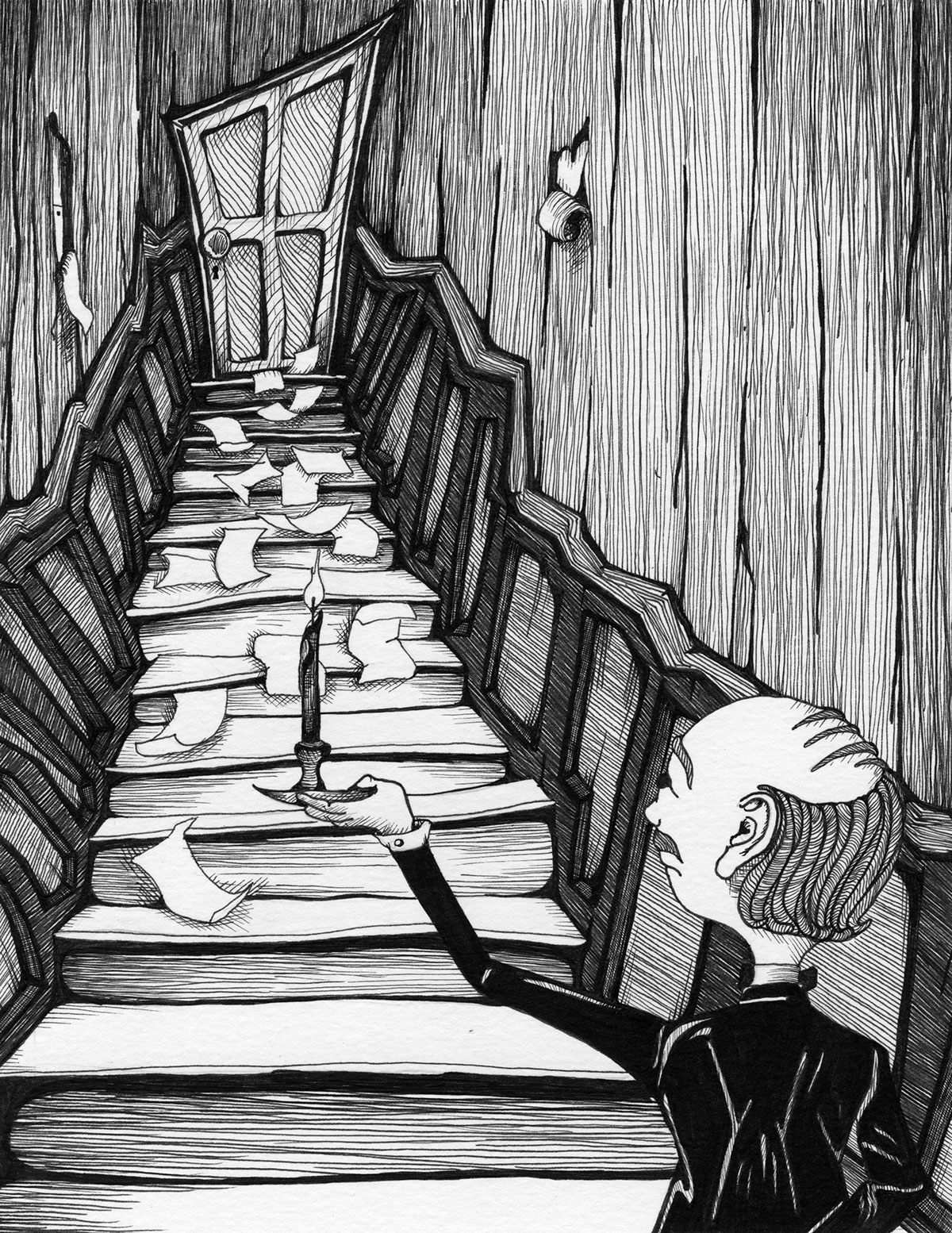 Adobe Portfolio Dr. Jekyll Mr. Hyde robert louis stevenson book illustration Editorial Illustration Dr.Jekyll & Mr.Hyde stairs butler Candlelight eerie creepy eerie stairs Pen & Ink hallway Scary