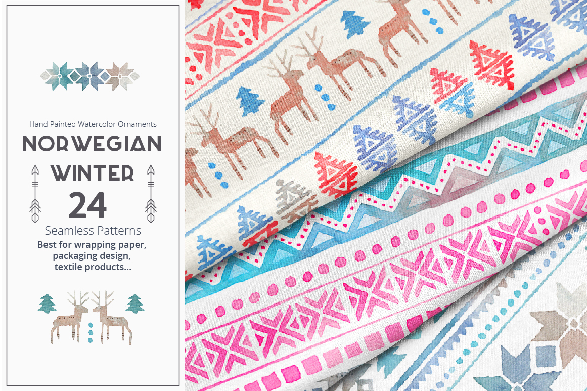 winter deer seamless pattern watercolor bright colorful hand drawn Ethnic tribal Christmas