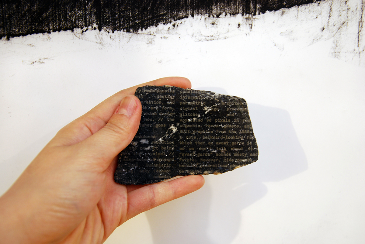 Futurist Manifesto  rosetta stone Technology fragmented text laser etching charcoal rubbing