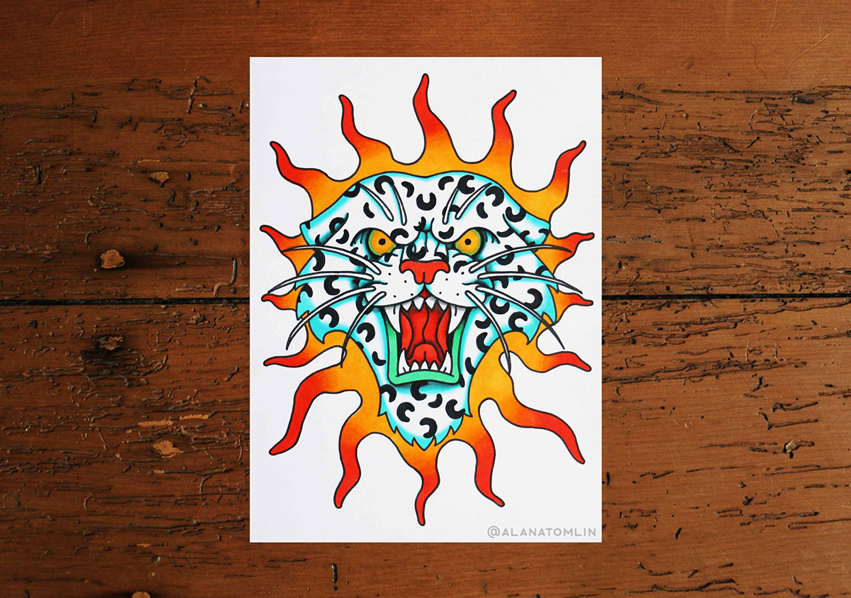 leopard fire Cat tattoo alanatomlin alana tomlin Flames tiger Snow Leopard angry