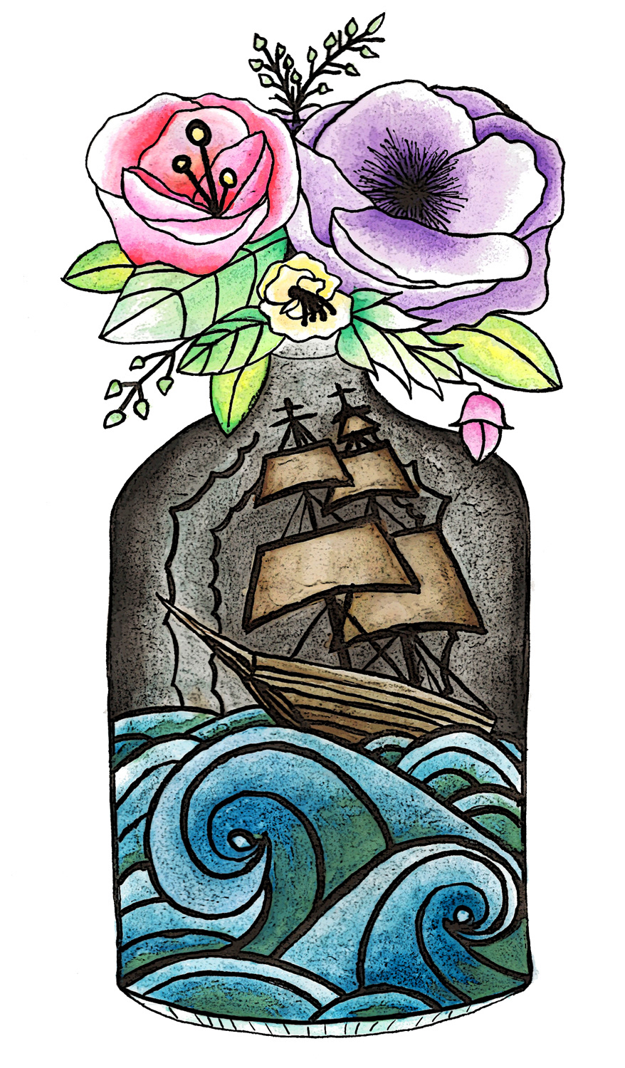 Printing pen and ink skull ship Flowers