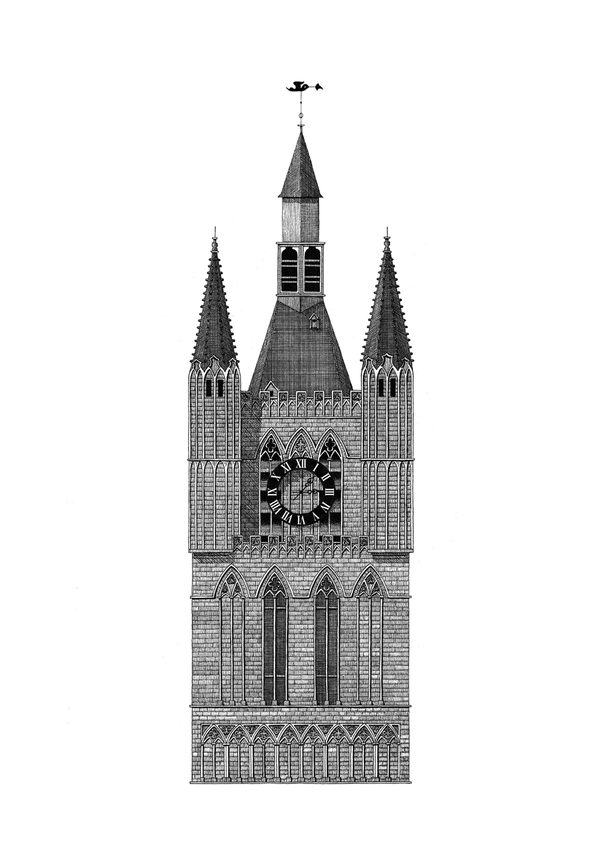 Pen and ink illustration of the Cloth Hall in Ypres