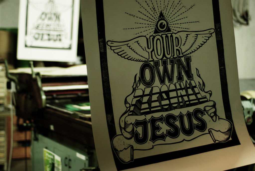own personal jesus ink print paper letterpress handmade engraved linoleum & type and type poster vintage linocut