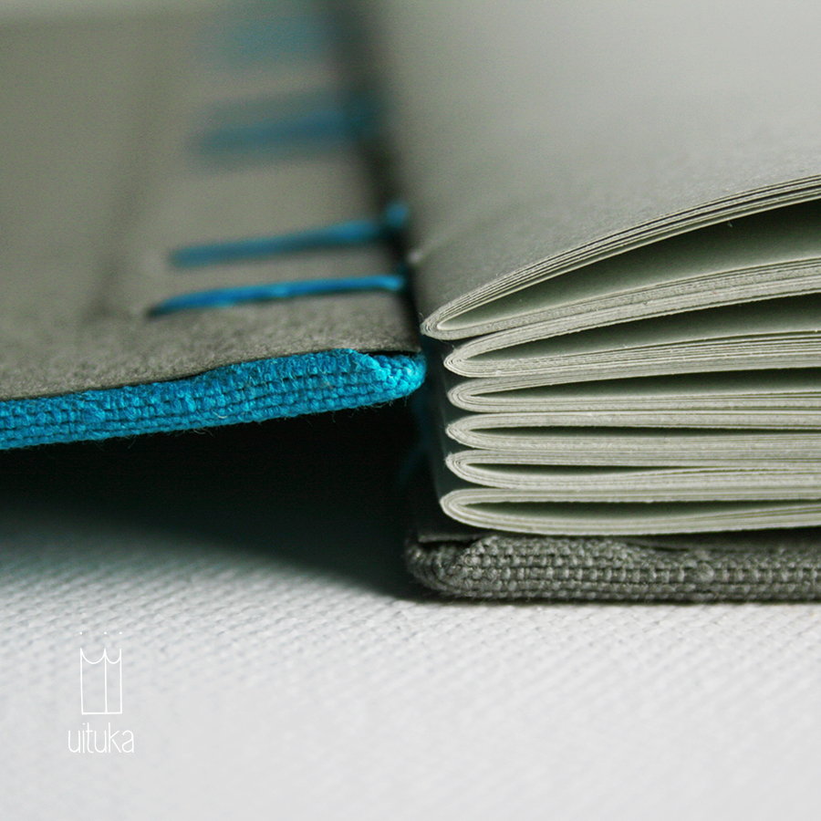 Bookbinding sketchbook notebook journal coptic stitch handmade Hand-Bound fuchsia blue grey brown linen