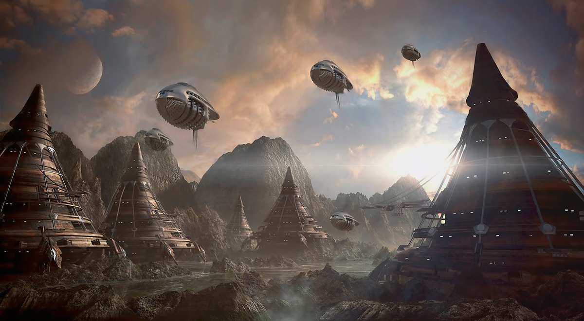 concept art Sci-Fi-  Colinization new world Tera-forming alien landscape