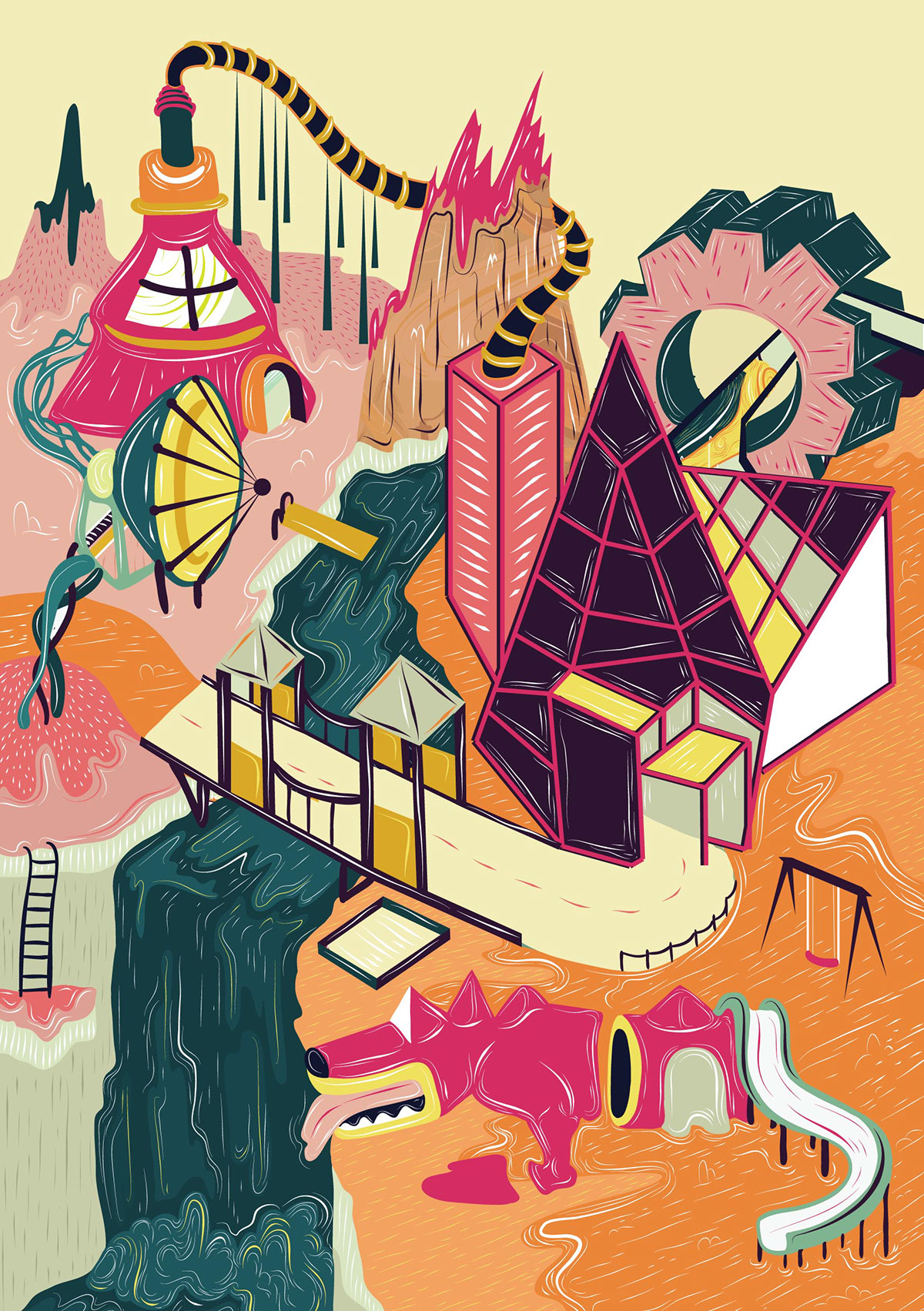 environments Environment Illustration tree house Space  environment drawing moon snake house water jungle gym industrial area town illustrated town weird colours use