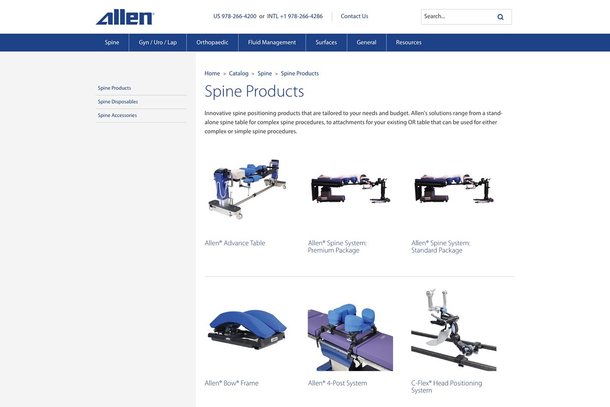 allen medical Website home page product listing Product Page Contact page contact us medical medical device patient positioning