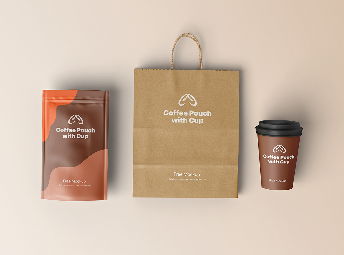 bag branding  Coffee cup free mockup  Kraft Packaging paper pouch psd template