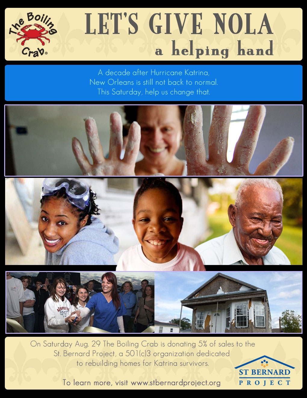 The Boiling Crab hurricane Katrina Disaster Relief nola help flyer ad