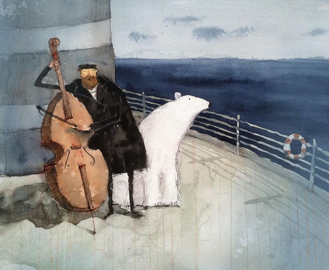 watercolor  bear sea boat whimsical Picture book kid's book Muted
