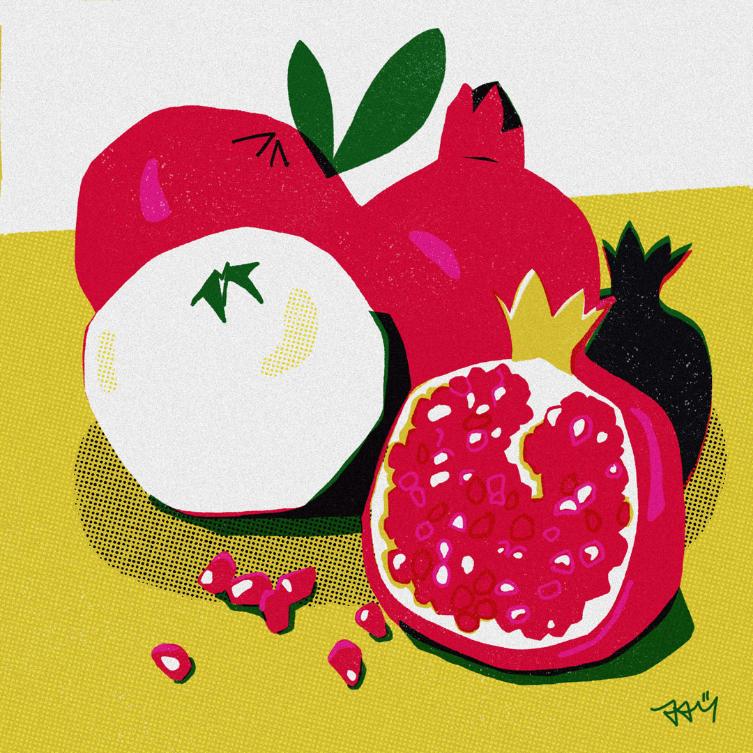digital illustration food illustration Fruit halftone Limited Color Palette pommegranates retro illustration risograph texture
