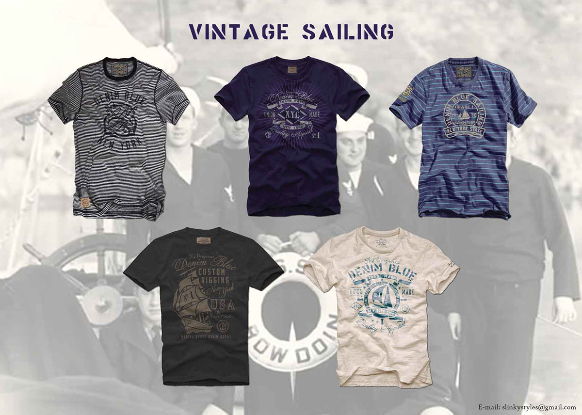 vintage men's tees tees graphics badge patch jacket labelling t-shirt Clothing apparel nautical sailing hand drawn textile