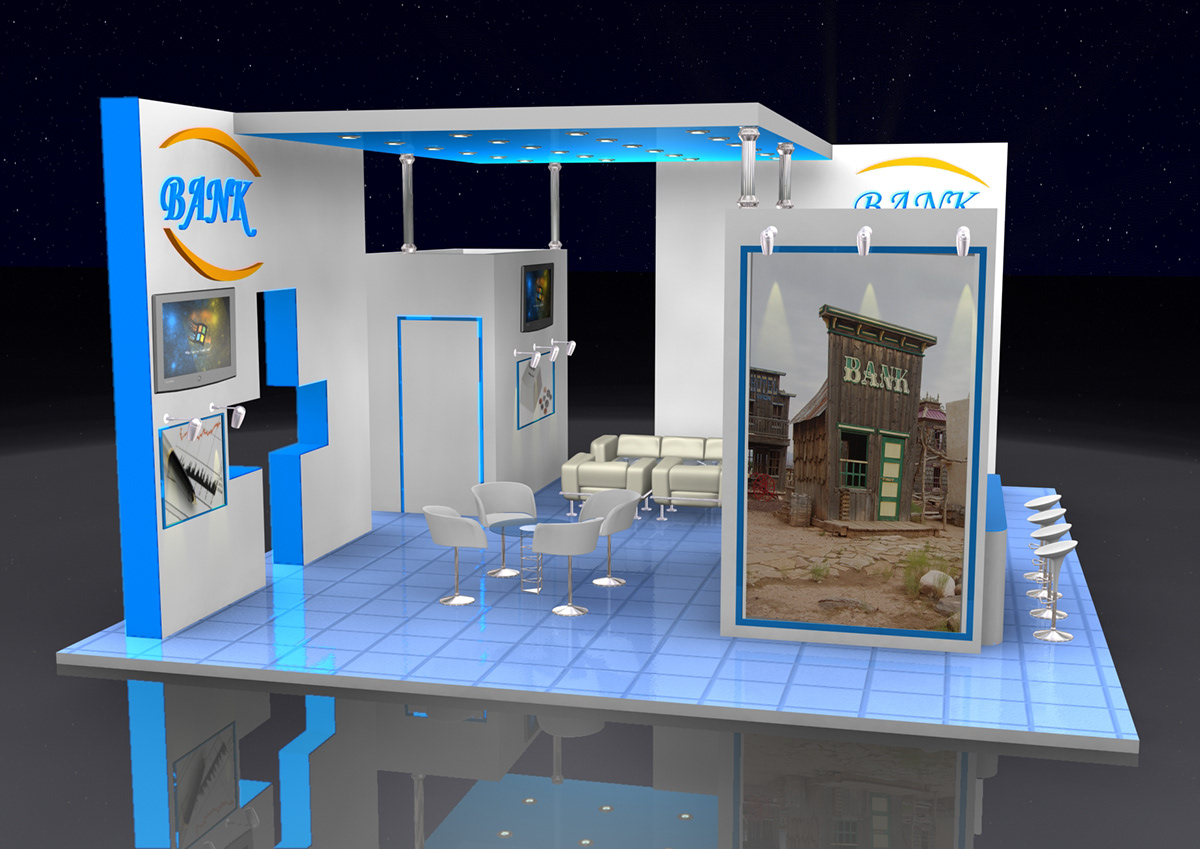 3D  exhibition stand 3d design Fabricatiion exhibit Bank Stand Office Design