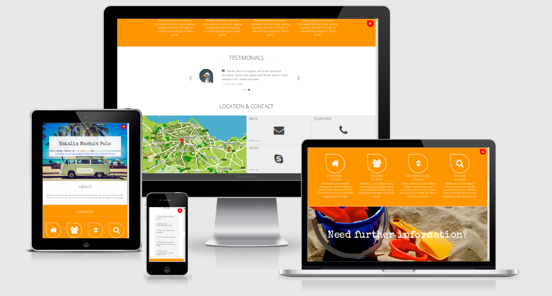 Spanish Tutor beach Web design Responsive rwd bootstrap orange iphone