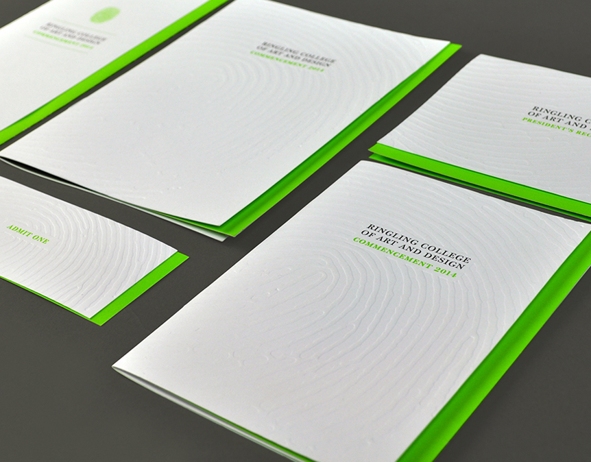 Adobe Portfolio ringling college commencement Commencement 2014 print green deboss Paper impression impressions fingerprint make an impression announcement Invitation graduation