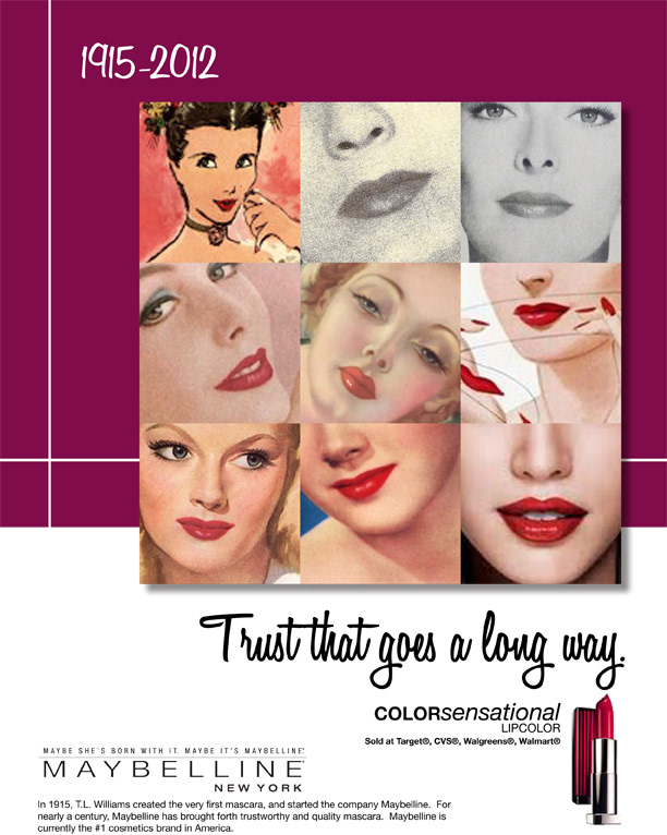 makeup pink mascara lipstick lips eyes women vintage purple trust powder Maybelline Magazine Ad ad magazine