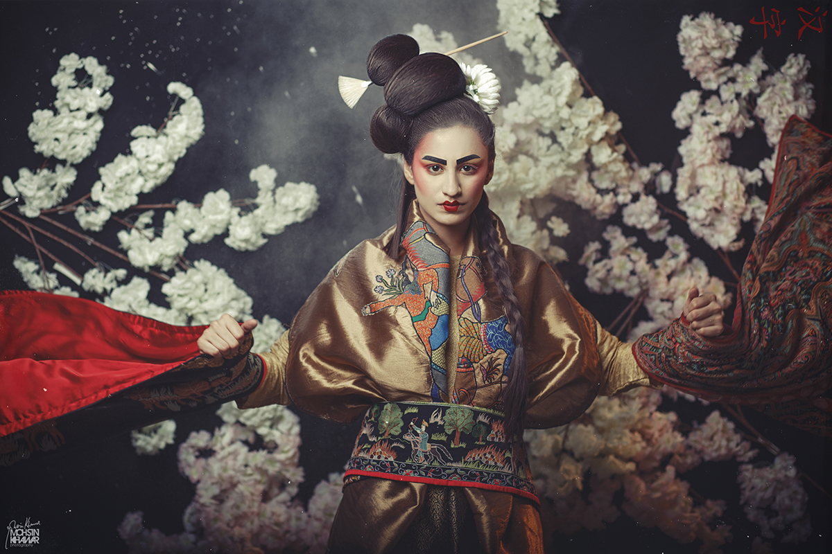 geisha oriental japanese fashion shoot oriental fashion set design  art oriental art Cherry blossoms Pakistan