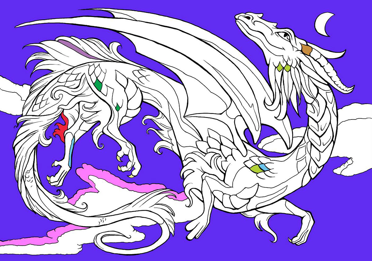 fantasy colouring book children's book dragon line art Fairies unicorn fairy sphinx