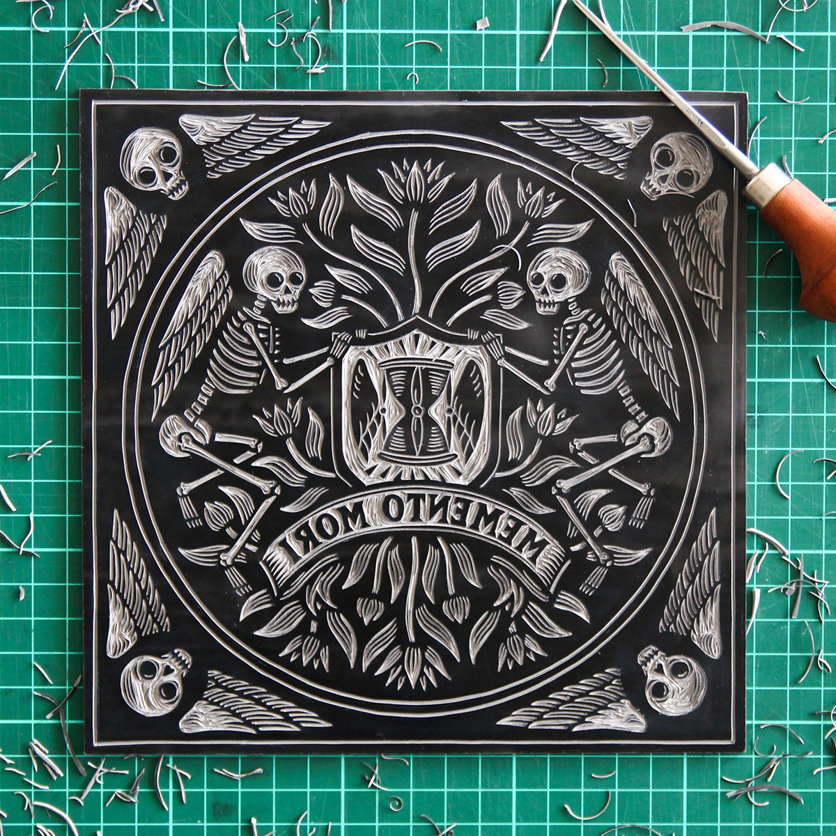 mementomori skull printmaking Linoprint linocut woodcut death logo ILLUSTRATION  vintage