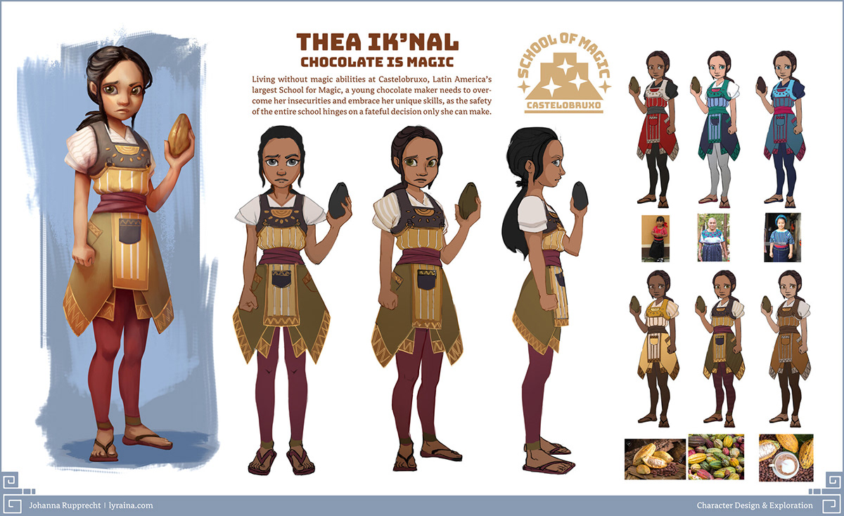 Concept art callout sheet of a mesoamerican girl with chocolate pod and color variations