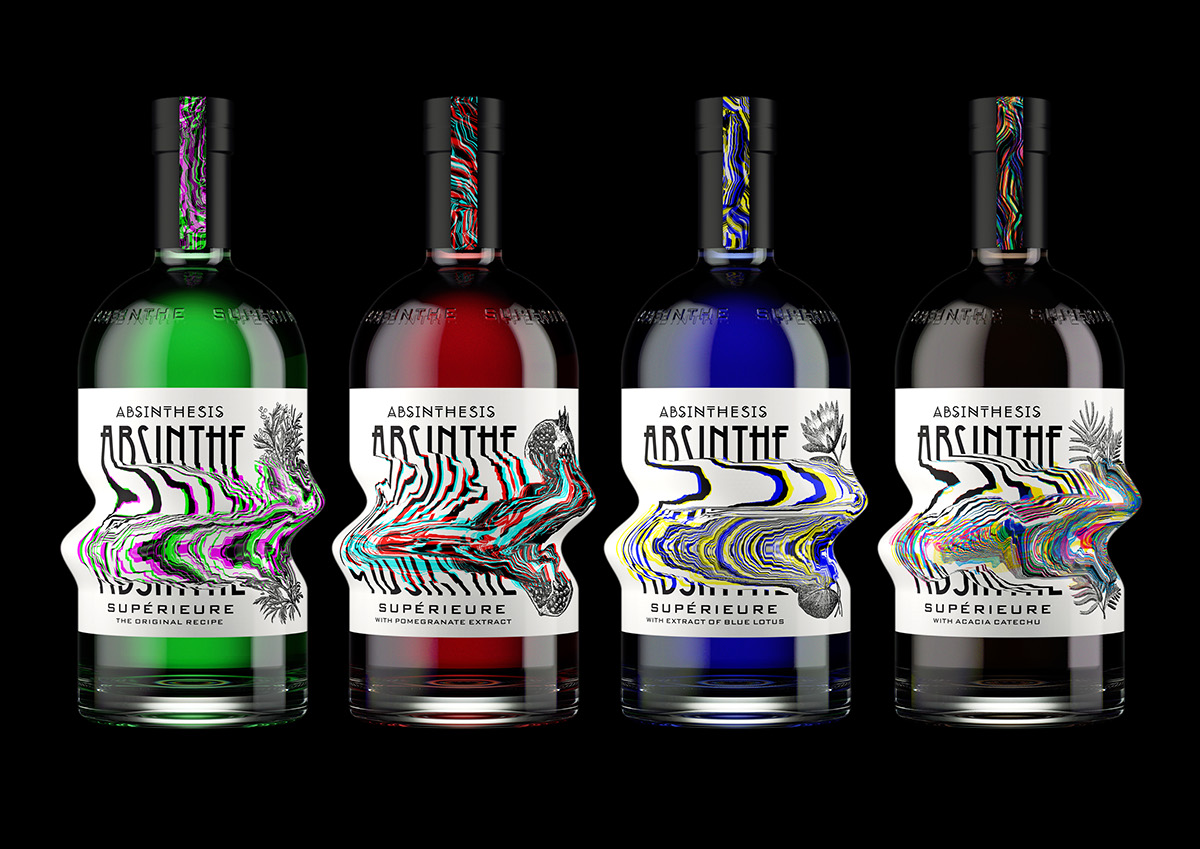 Absinthe absinthesis Glitch concept blue lotus pomegranate acacia catechu grand wormwood shrink sleeve distortion bottle alcohol spirit
