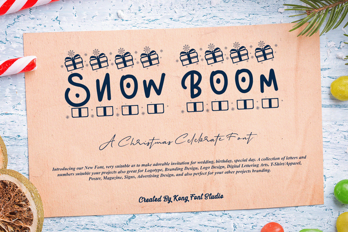 boom branding  celebrate Christmas decorative font giftbox Logotype merrychristmas snow