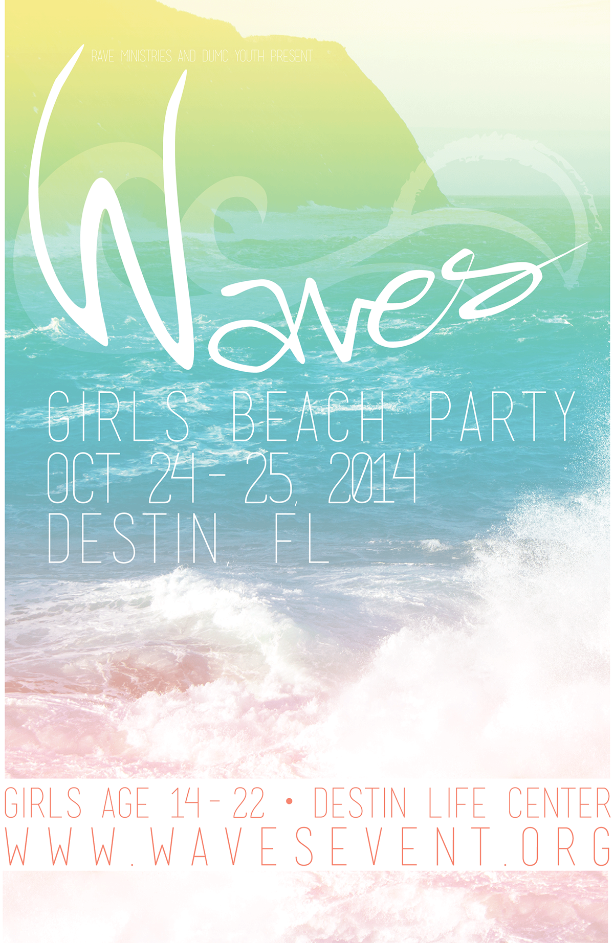 Waves Event Destin identity social media logo flyer poster DUMC Youth Group RAVE Ministries