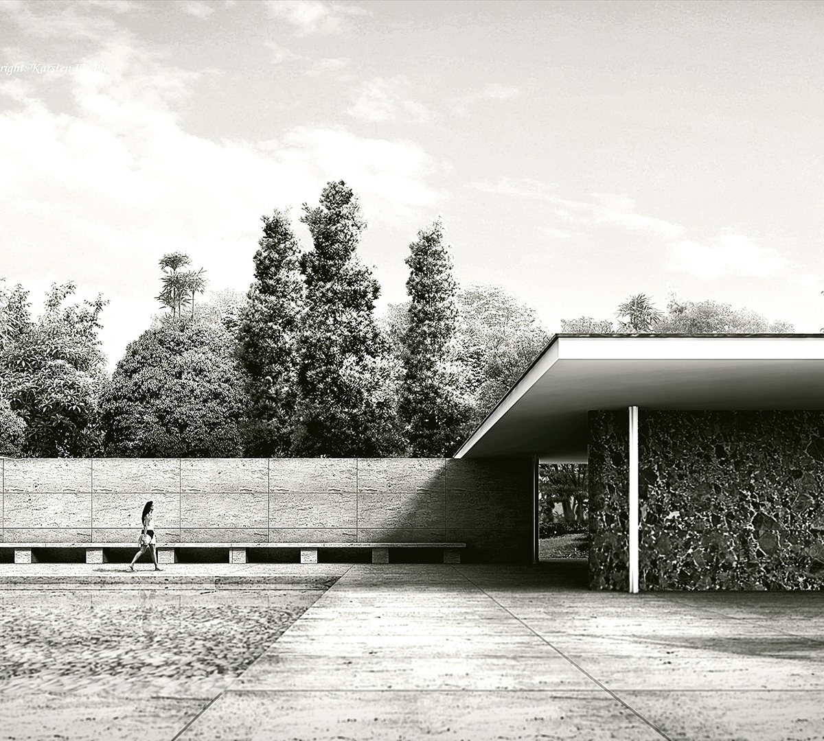 Adobe Portfolio architectural visualization rendering Barcelona Pavilion mies black and white