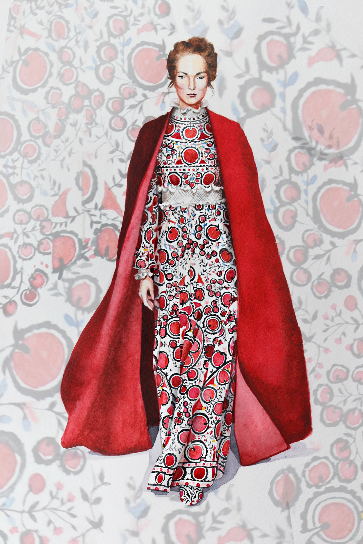 valentino girl red dress ornament cape Paris watercolor