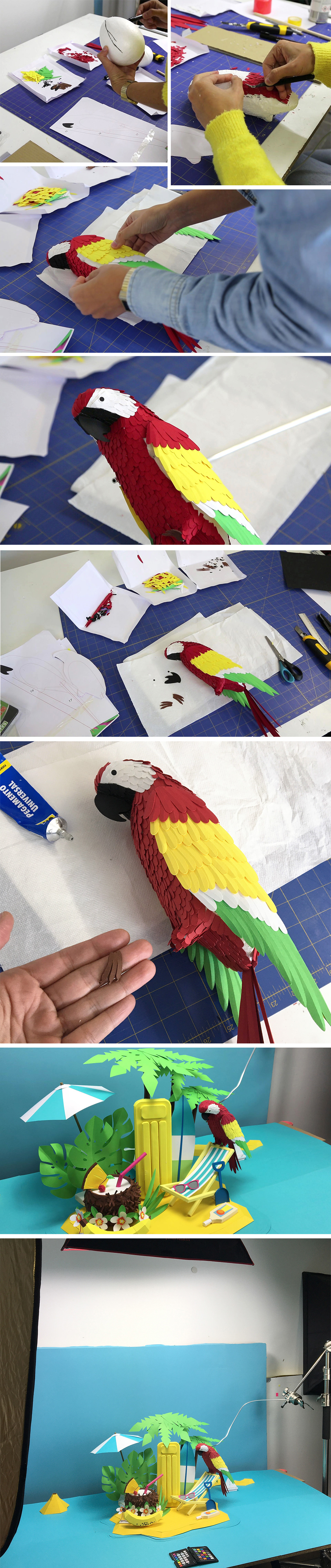papercraft set set design  paper cut crafts   Island parrot Aena airport