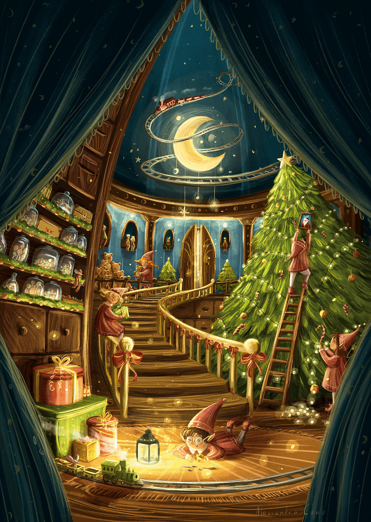 children illustration for christmas with elves, gifts and magic
