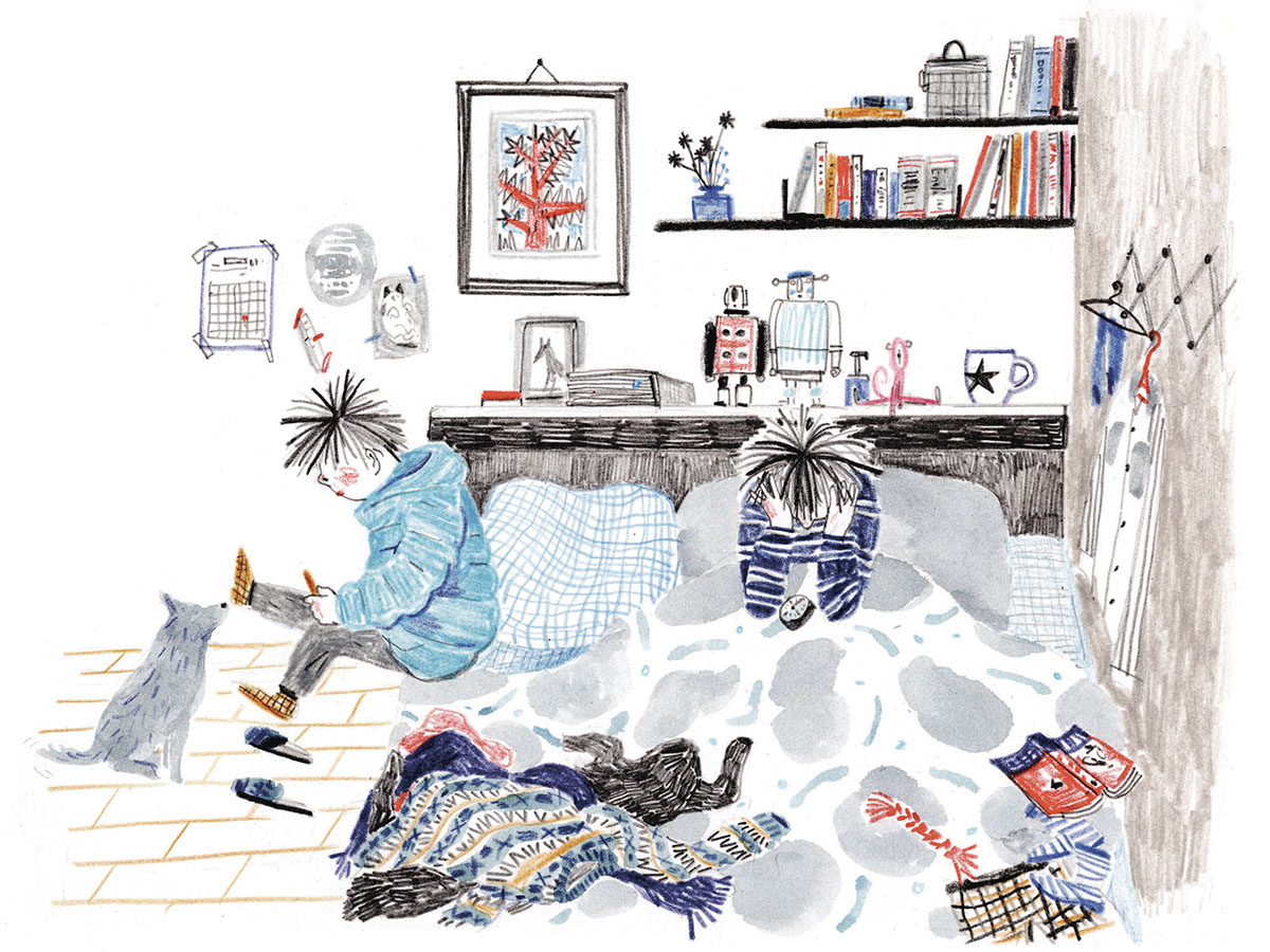 sleep lazy winter Cat room watercolor blue gray daily life