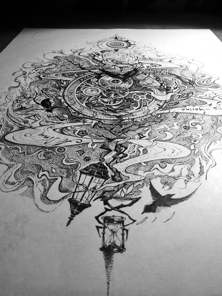 art artwork tattoo tattoodesign   clock Gear mechanism lantern flower Tree  monochrome black White smoke raven