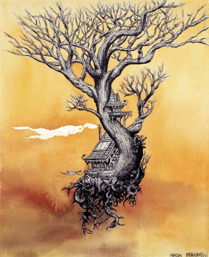 Tree  watercolor ink fairy tale