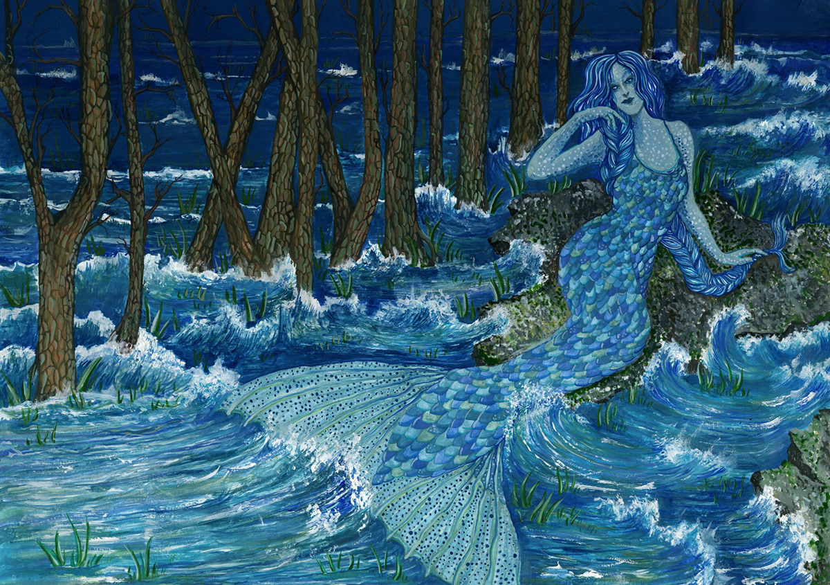 Blue mermaid  book illustration Double Page Spread coventry university Illustration & Graphics blue sea forest Blue lady Fish tail fantasy children's book painted sea Fashionable fairy fairy legend