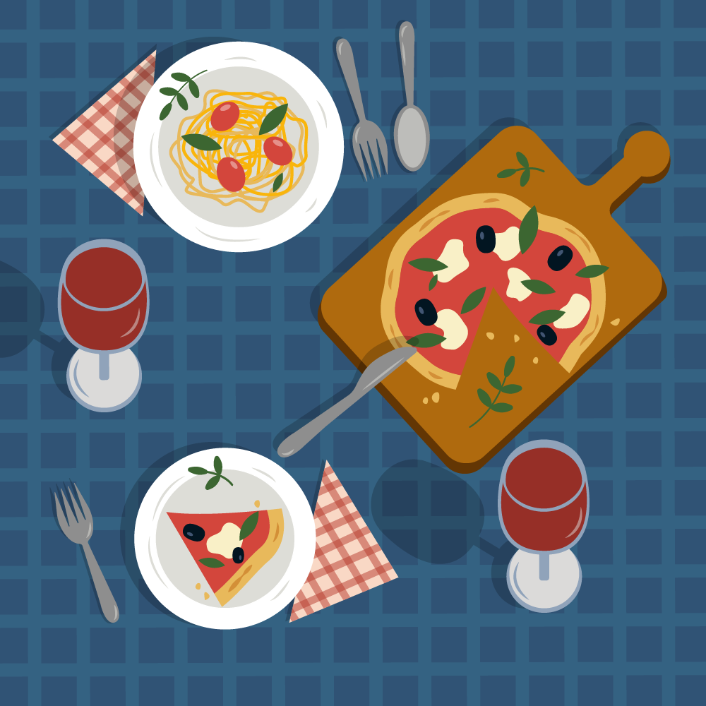 dinner flat illustration italian food illustration pizza illustration Vector Illustration wine