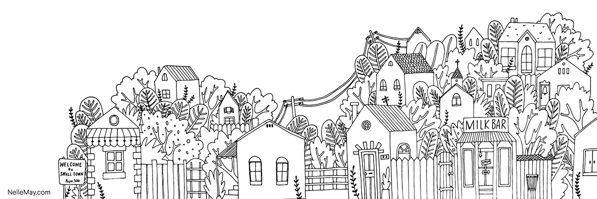 ILLUSTRATION  town village Landscape cartoon sketchbook houses community milkbar Mural Design building