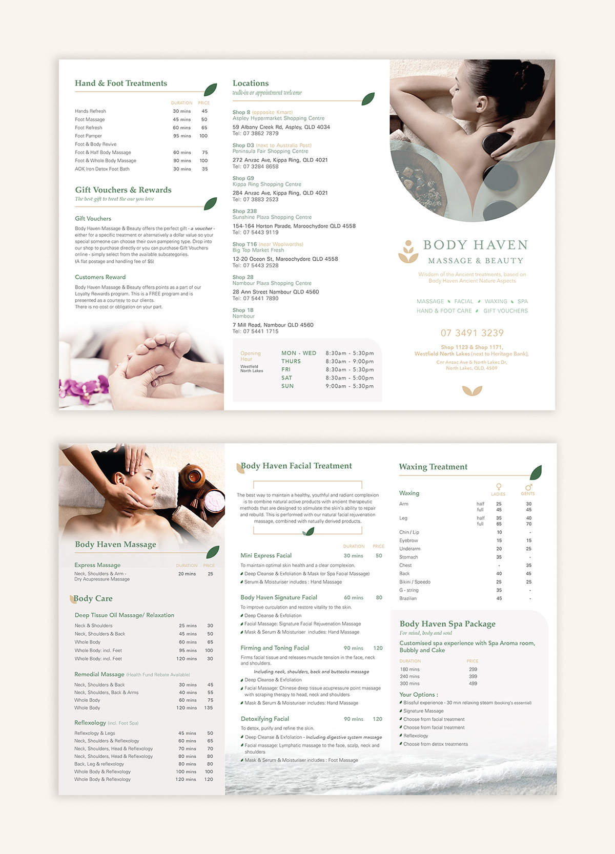 flyer leaflet brochure massage beauty trifold gift voucher business card clean minimal