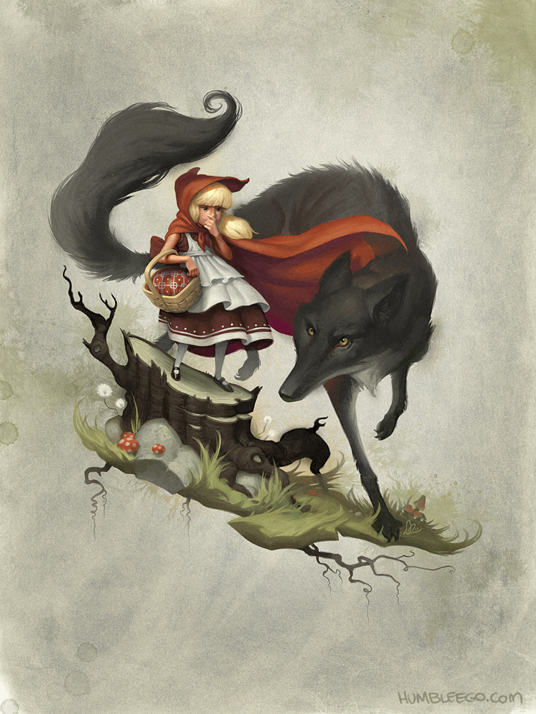 red riding hood wolf girl blonde black fairytale folktale fable folk fairy tale story children kids Tree  trunk grass roots