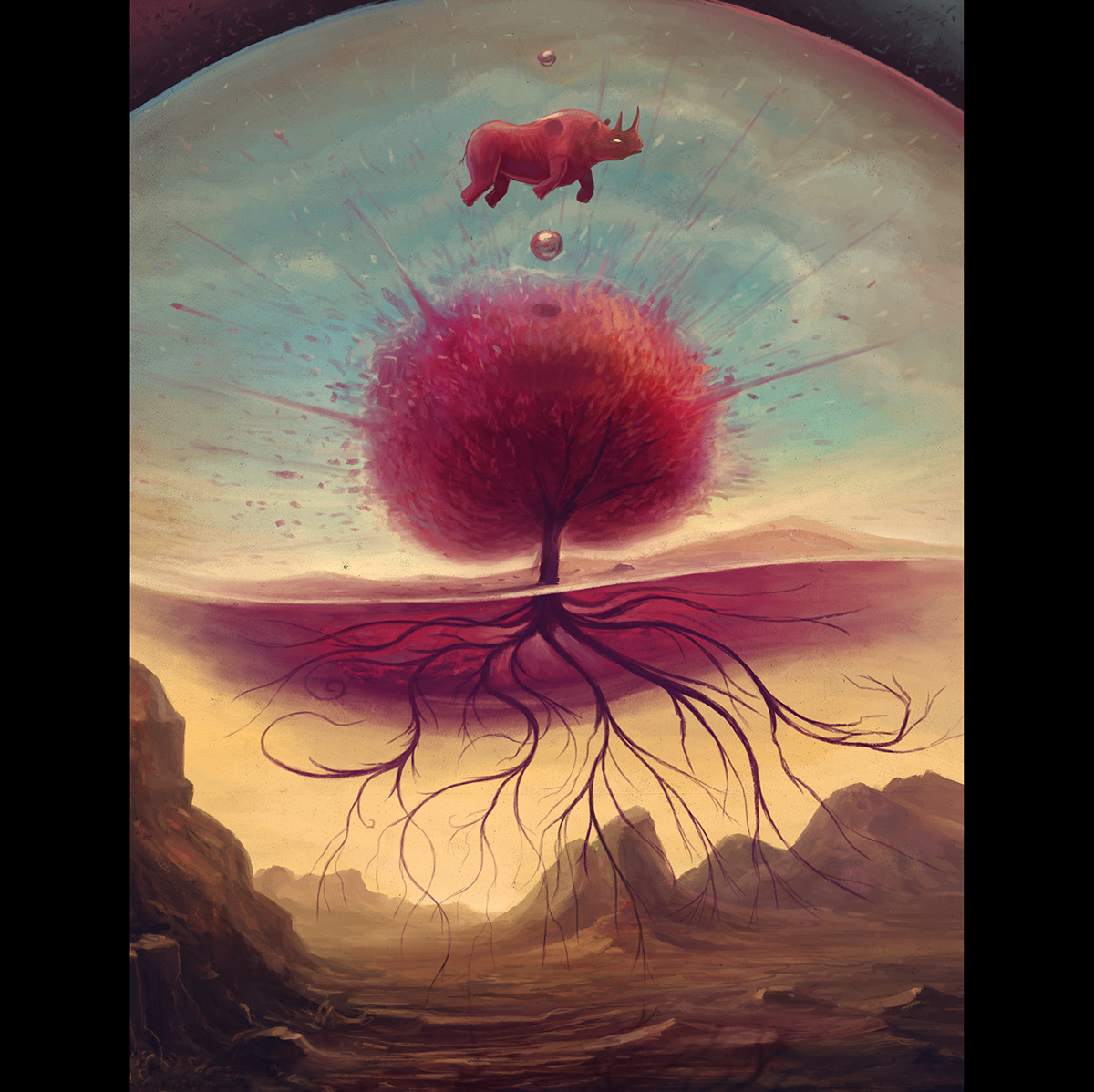 Rhino surreal surrealism desert Exhibition  levitation roots Tree  red salvador dali sphere cover book wacom