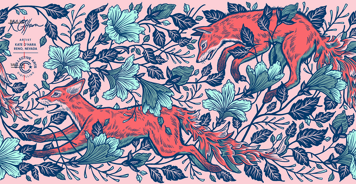 gin foxes screenprint Nature Flowers animals digital ILLUSTRATION  Drawing  leaves